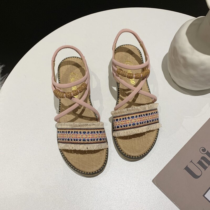 

Tassel Trim Ankle Strap Sandals, Baby pink