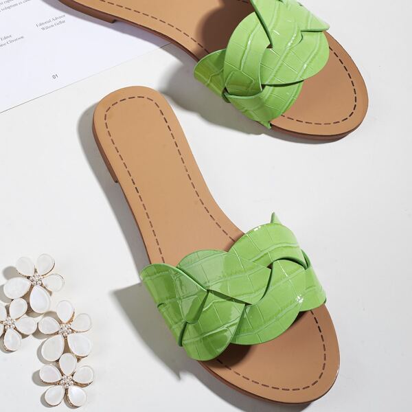 

Braided Croc Embossed Slide Sandals, Lime green