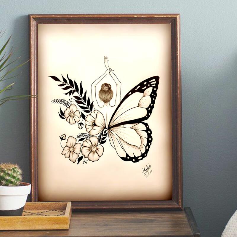 

Butterfly & Figure Graphic Unframed Painting, Beige