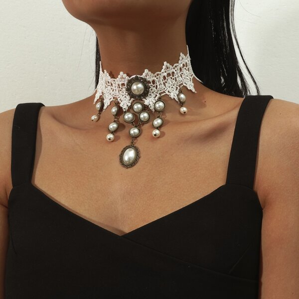 

Faux Pearl Charm Lace Choker, White