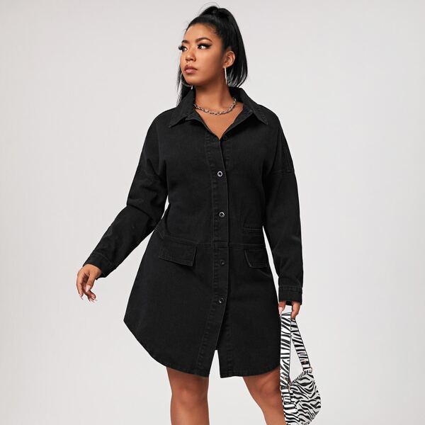 

Plus Button Front Drop Shoulder Denim Dress, Black