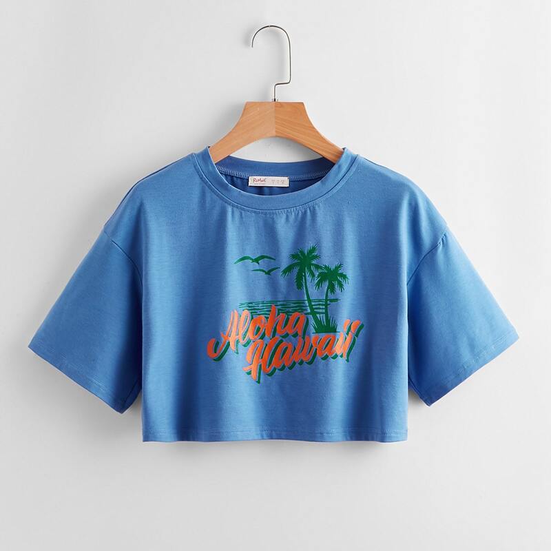 

Letter Tropical Graphic Crop Tee, Blue