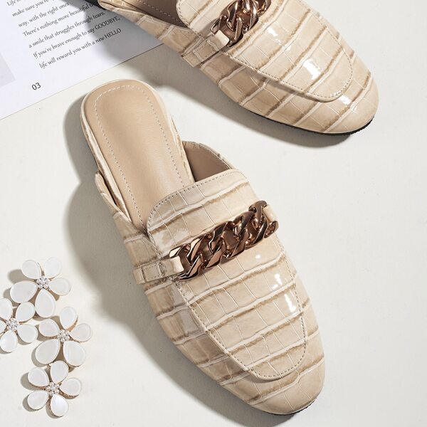 

Chain Decor Croc Embossed Mules, Khaki