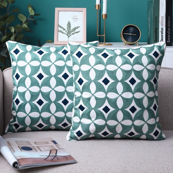 

1pc Geometric Pattern Cushion Cover Without Filler, Green