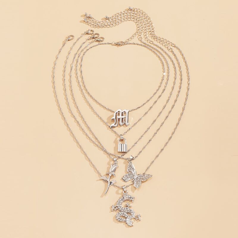

5pcs Butterfly & Rose Pendant Necklace, Silver