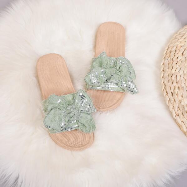 

Bow Design Sequins Decor Slides, Mint green