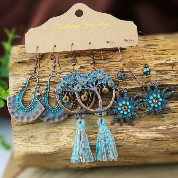 

3pairs Tassel Charm Drop Earrings, Bronze