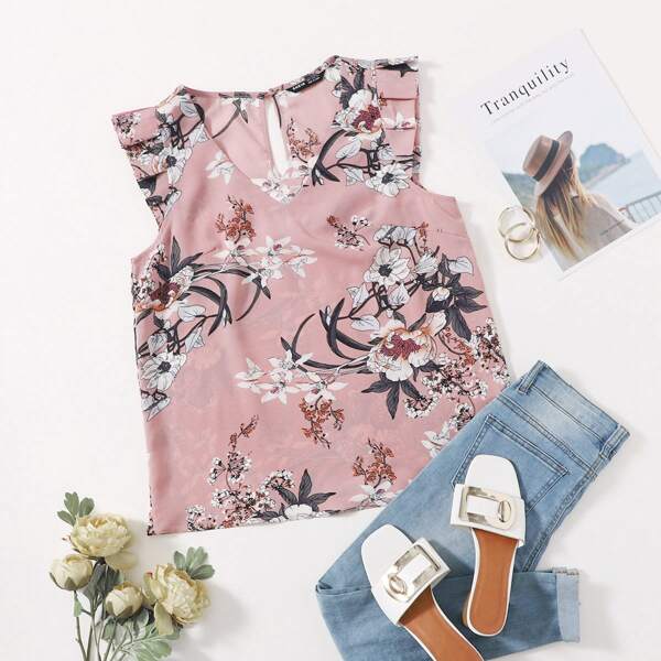

Ruffle Trim Floral Top, Dusty pink