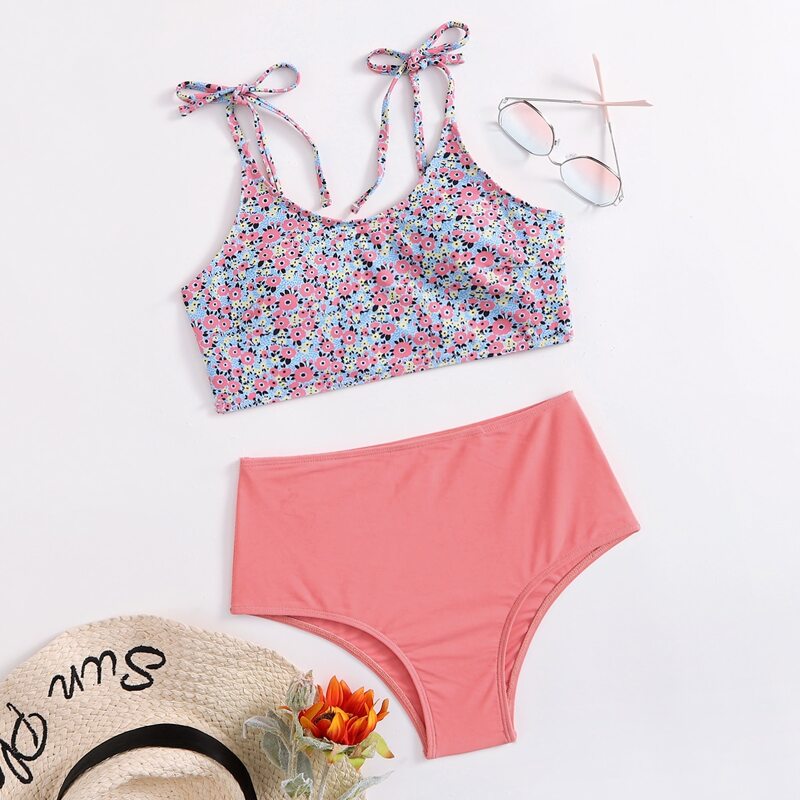 

Ditsy Floral Tie Shoulder Bikini Swimsuit, Multicolor
