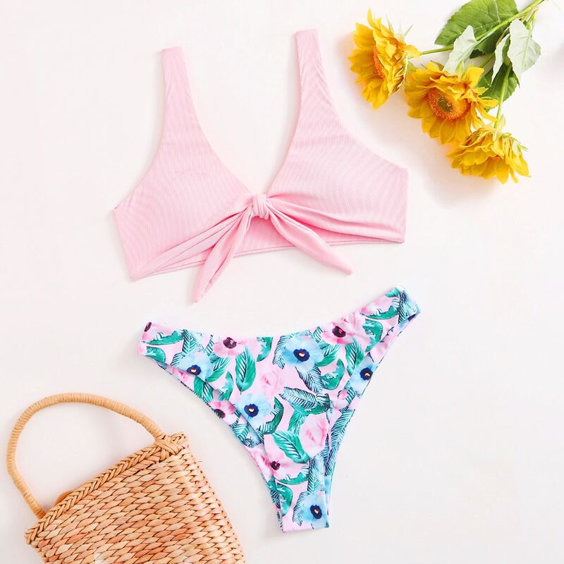 

Floral Knot Front Bikini Swimsuit, Multicolor
