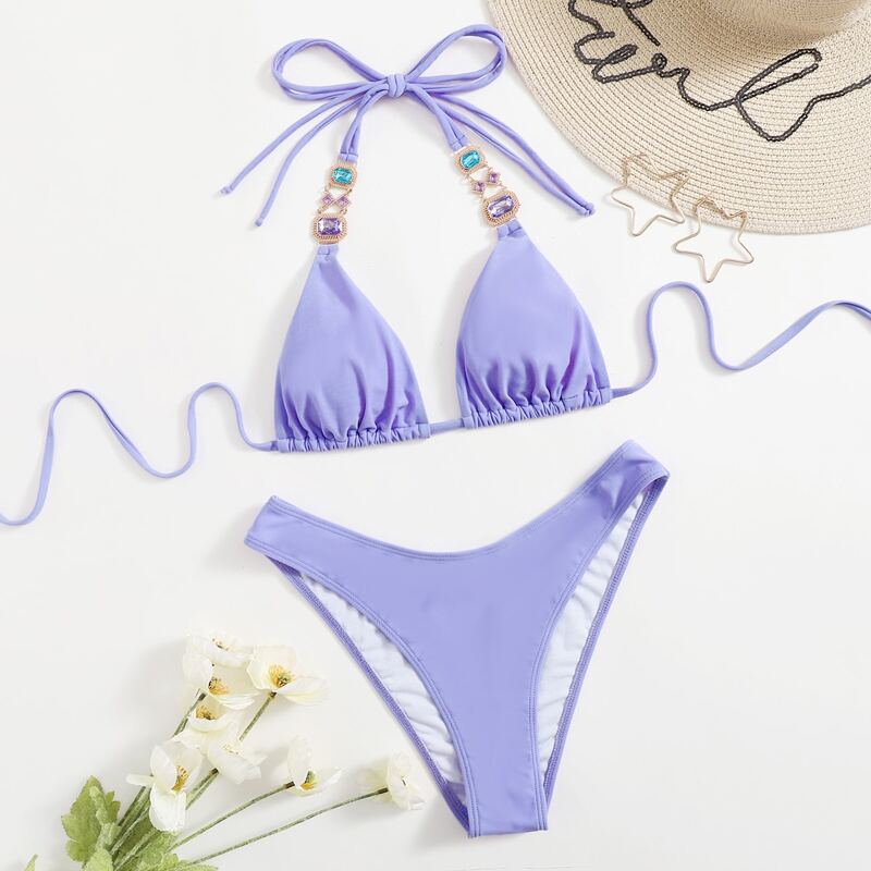

Rhinestone Decor Triangle High Leg Bikini Swimsuit, Lilac purple