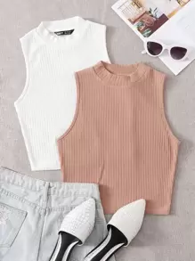 SHEIN EZwear 2入組羅紋針織背心上衣 - 彩色 - 查看 1