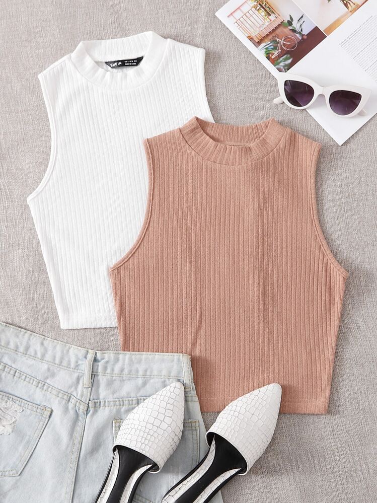 SHEIN EZwear 2入組羅紋針織背心上衣 - 彩色 - 查看 1