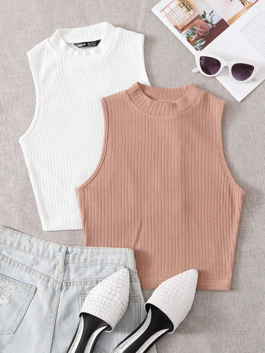 SHEIN EZwear 2入組羅紋針織背心上衣 - 彩色 - 查看 1
