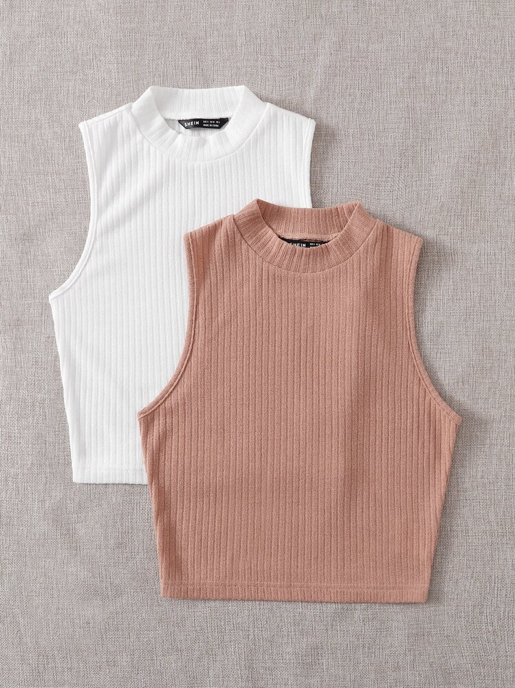 SHEIN EZwear 2入組羅紋針織背心上衣 - 彩色 - 查看 5