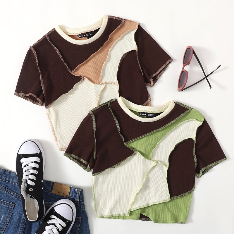 

2 Pack Contrast Stitch Colorblock Tee, Multicolor