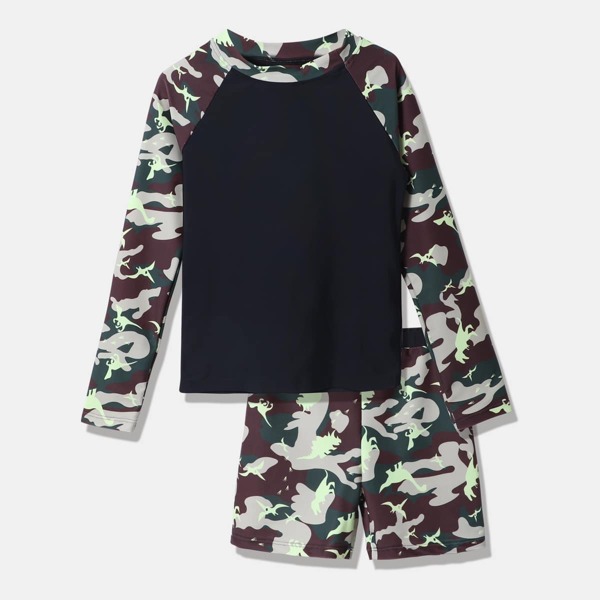 

Boys Camo & Dinosaur Print Two Piece Swimsuit, Multicolor