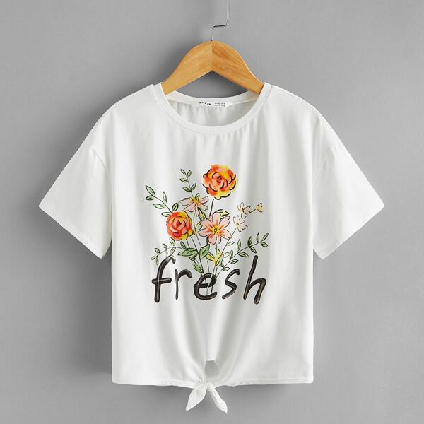 

Girls Floral & Letter Graphic Tie Hem Tee, White