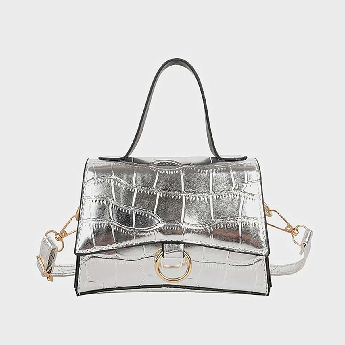 

Croc Embossed Ring Satchel Bag, Silver