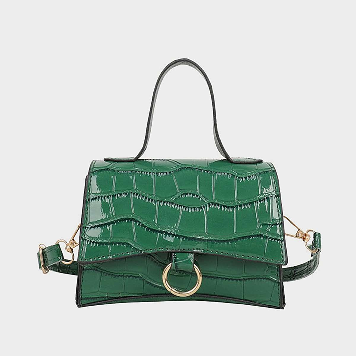 

Croc Embossed Ring Satchel Bag, Green