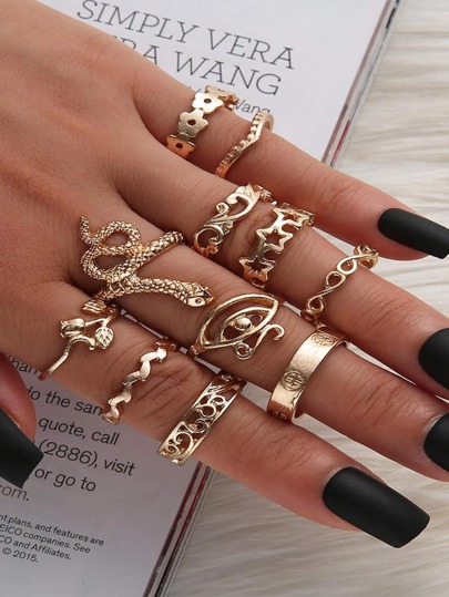 11pcs Snake & Flower Design Ring