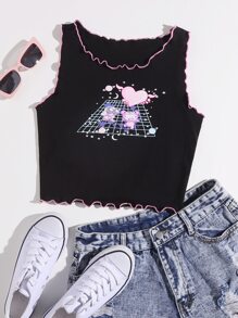 SHEIN Unity 拼接滾邊生菜邊卡通圖案背心上衣 - 黑色 - 查看 1