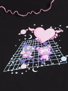 SHEIN Unity 拼接滾邊生菜邊卡通圖案背心上衣 - 黑色 - 查看 3