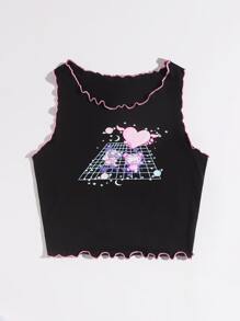 SHEIN Unity 拼接滾邊生菜邊卡通圖案背心上衣 - 黑色 - 查看 4