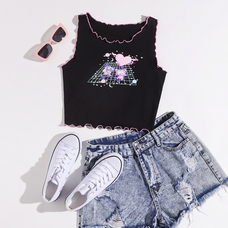 

Contrast Binding Lettuce Trim Cartoon Graphic Tank Top, Black