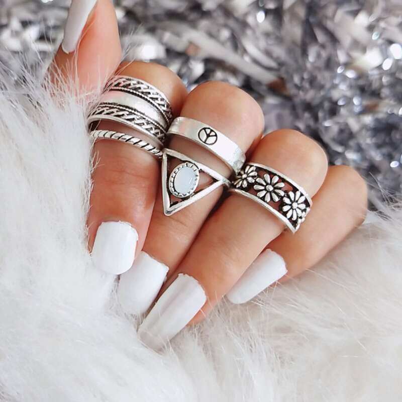 

5pcs Triangle & Flower Design Ring, Silver