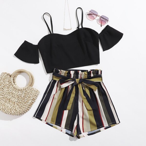 

Ruffle Cuff Cold Shoulder Top & Paperbag Waist Belted Striped Shorts Set, Multicolor