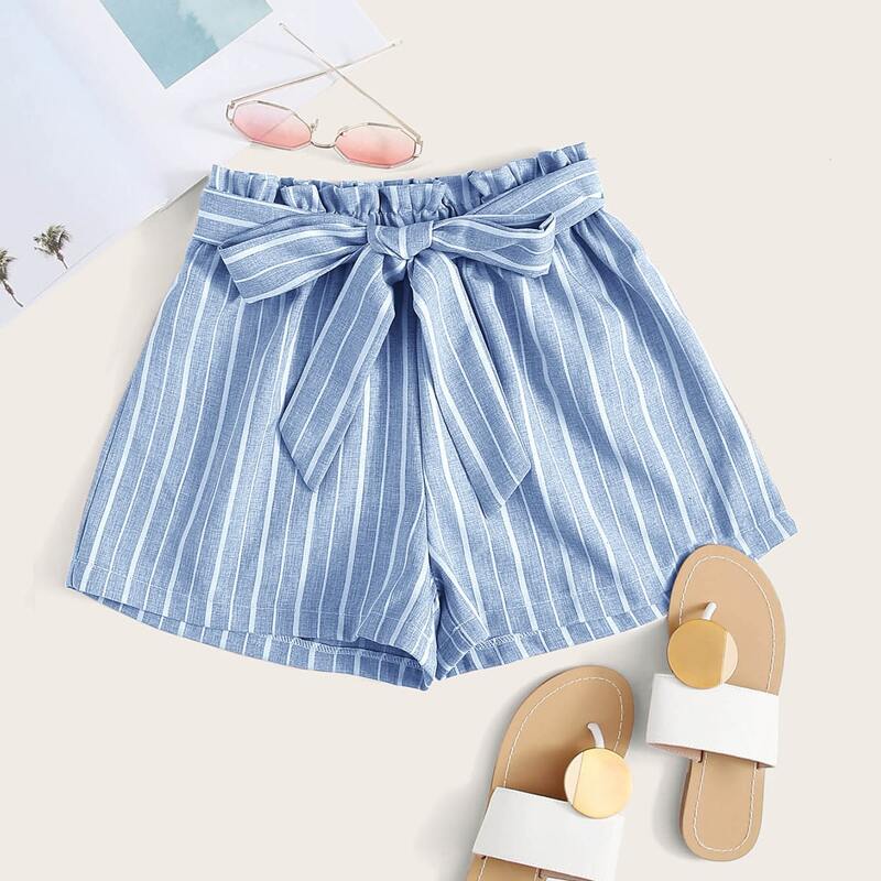 

Striped Belted Shorts, Blue and white