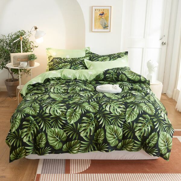 

Tropical Leaf Print Duvet Cover Set Without Filler, Green