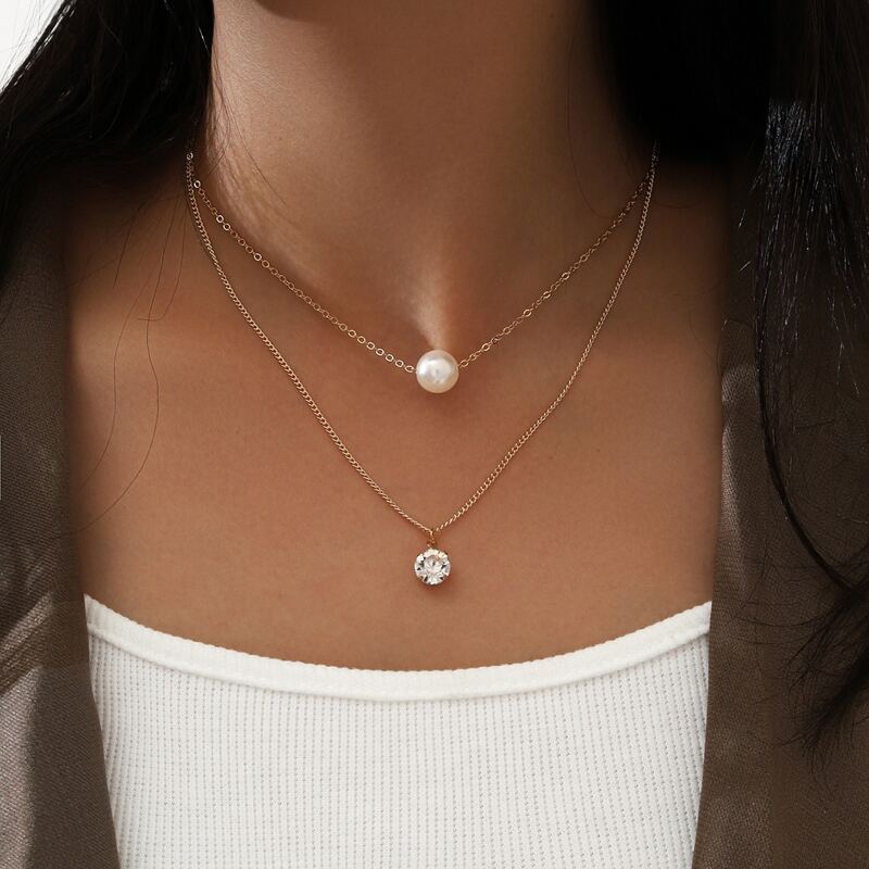 

1pc Faux Pearl Layered Necklace, Gold