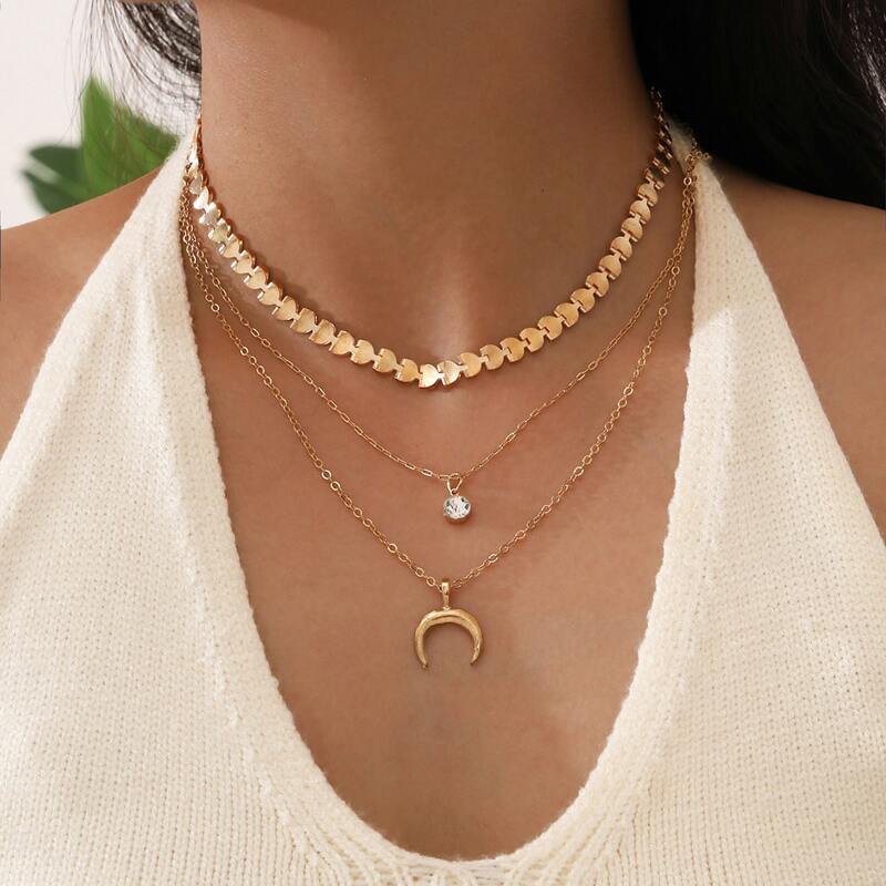 

3pcs Moon & Rhinestone Necklace, Gold