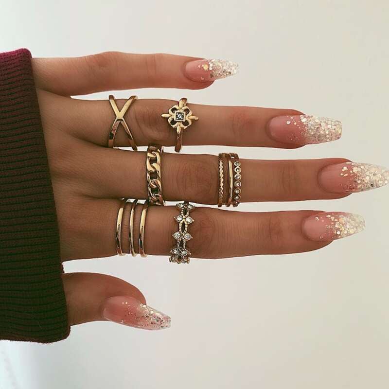 

8pcs Rhinestone & Chain Design Ring, Gold