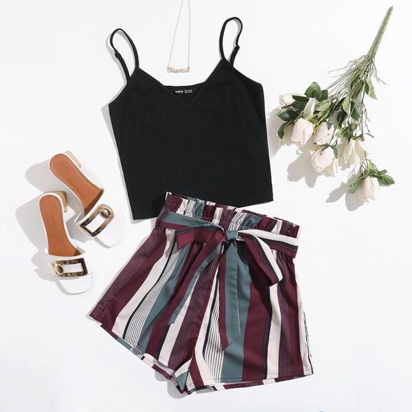 

Cami Top & Self Belted Striped Shorts Set, Multicolor