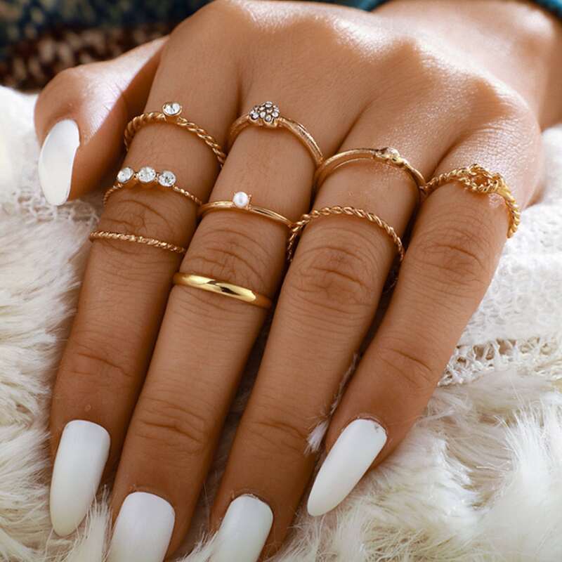 

9pcs Faux Pearl & Rhinestone Decor Ring, Gold