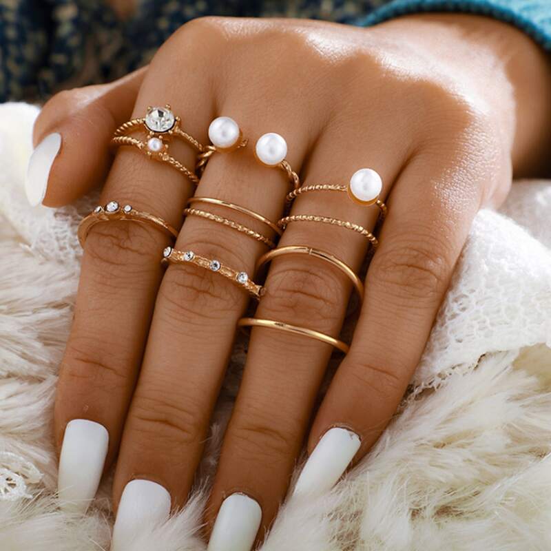 

8pcs Faux Pearl & Rhinestone Ring, Gold