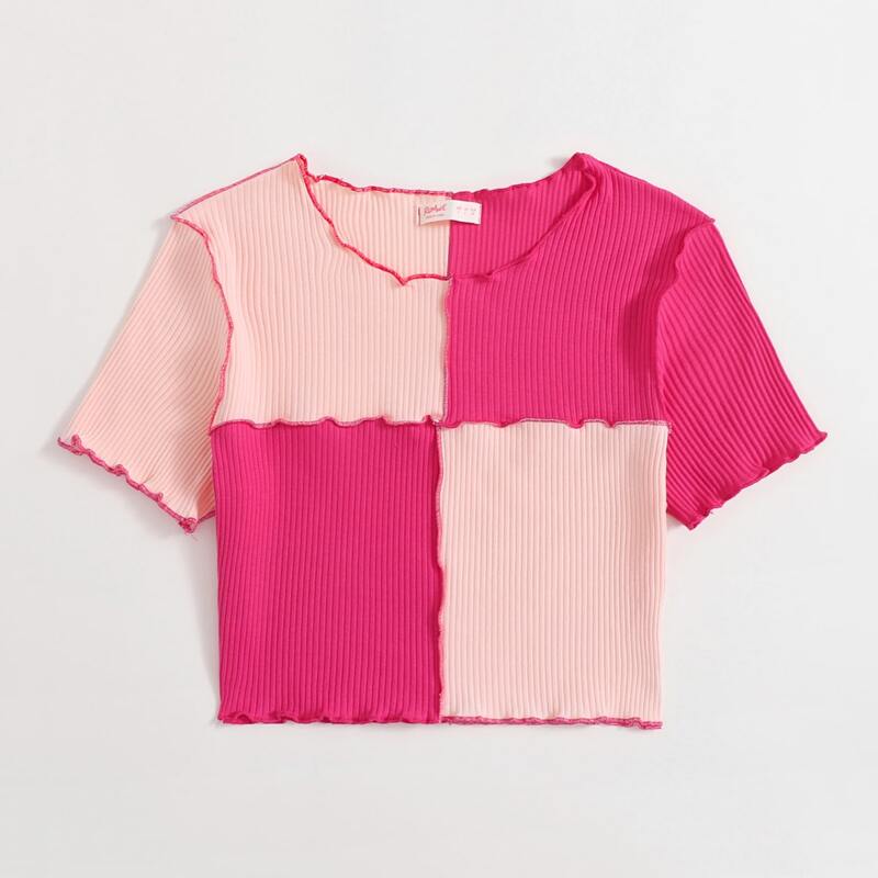 

Colorblock Ribbed Lettuce Trim Crop Tee, Multicolor