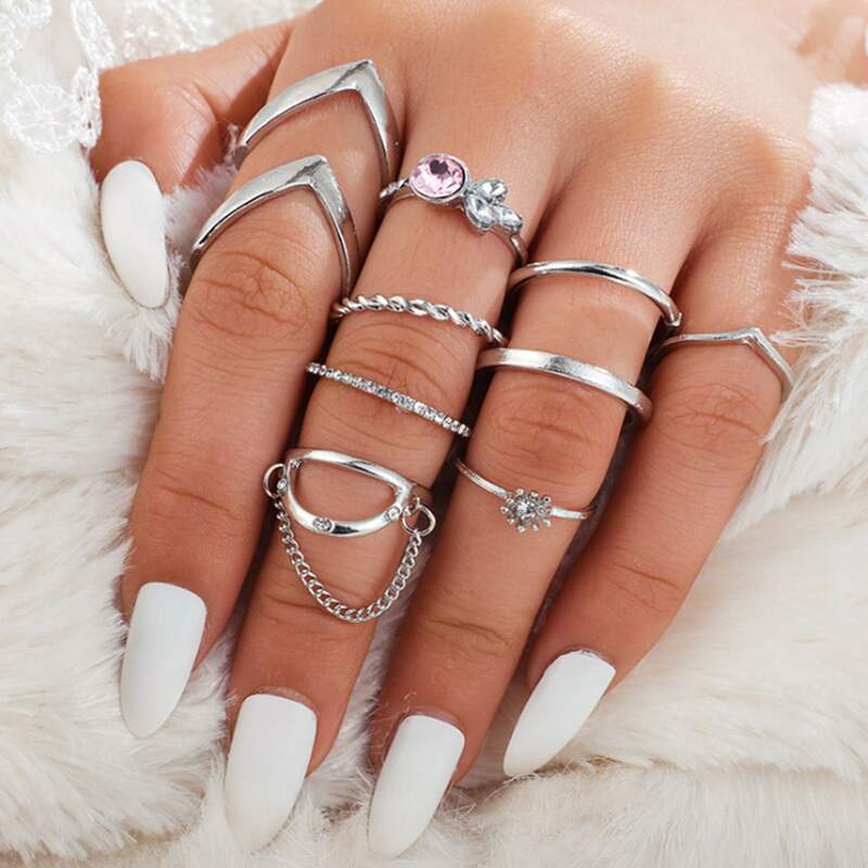 

9pcs Rhinestone & Chain Decor Ring, Silver