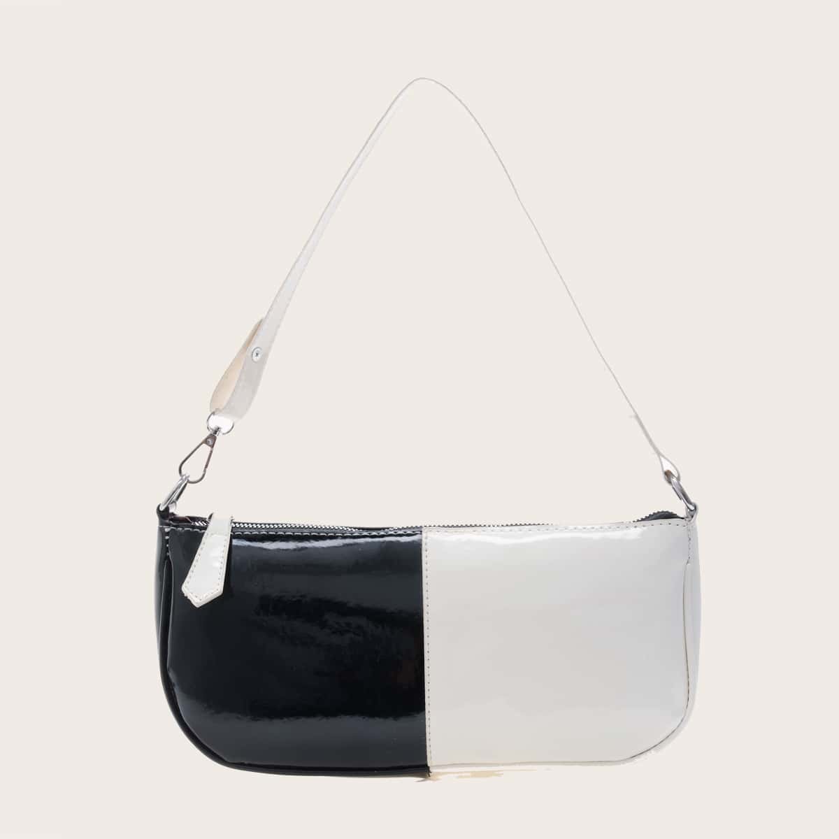 

Colorblock Baguette Bag, Black and white