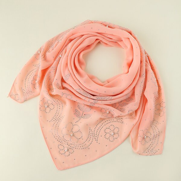 

Rhinestone Decor Chiffon Scarf, Coral pink