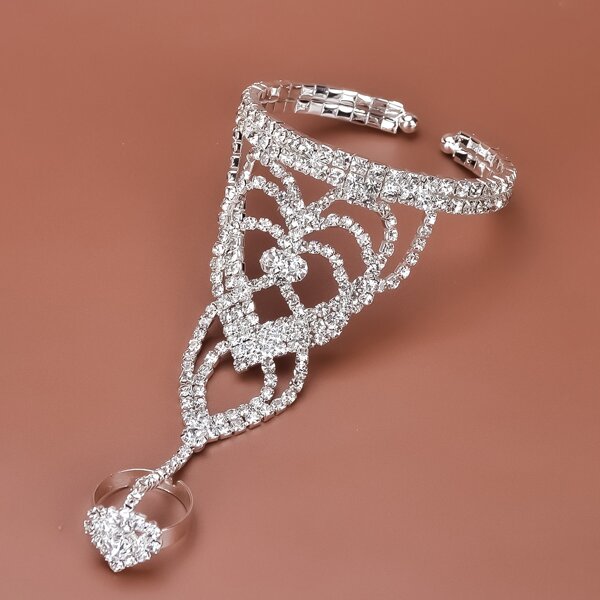 

Rhinestone Decor Finger Ring Bangle, Silver