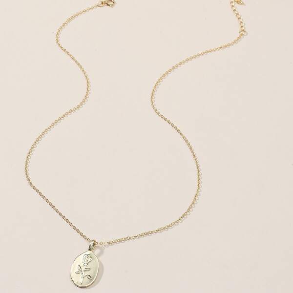 

Flower Engraved Geo Charm Necklace, Gold