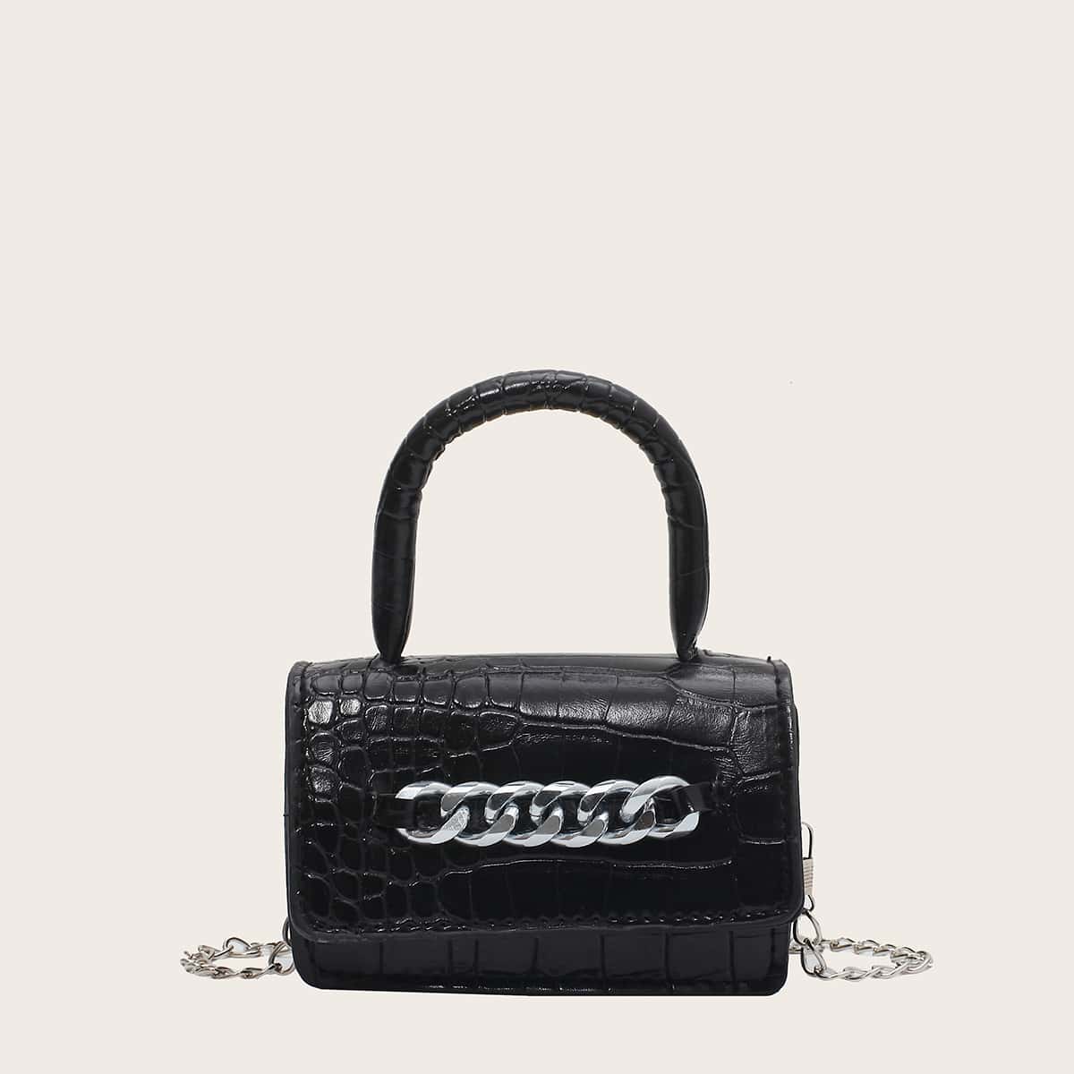 

Croc Embossed Mini Satchel Bag, Black