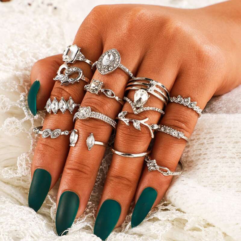 

15pcs Leaf & Rhinestone Design Ring, Silver