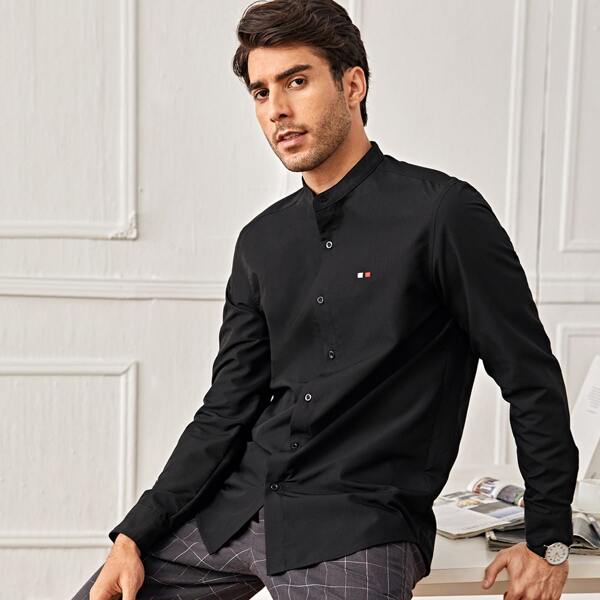 

Men Embroidery Detail Button Placket Shirt, Black