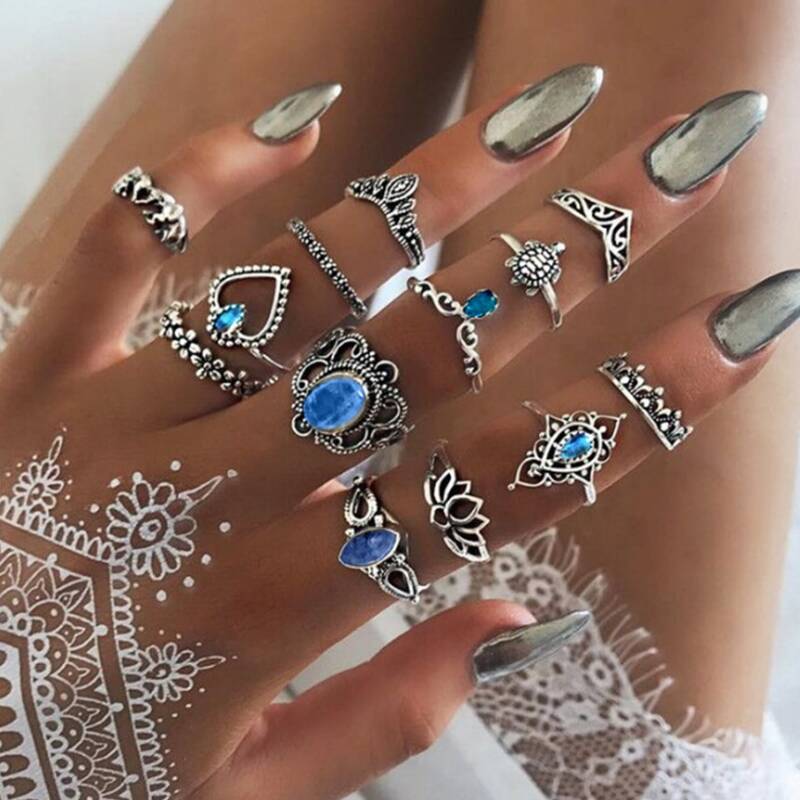 

13pcs Flower & Animal Design Ring, Antique silver