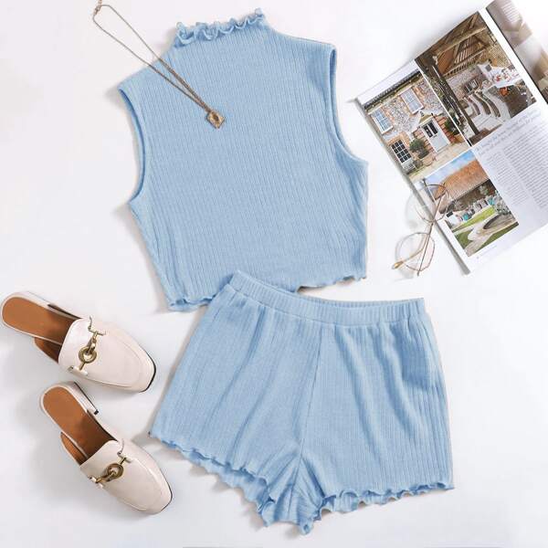 

Lettuce Trim Rib-knit Tank Top & Shorts Set, Baby blue